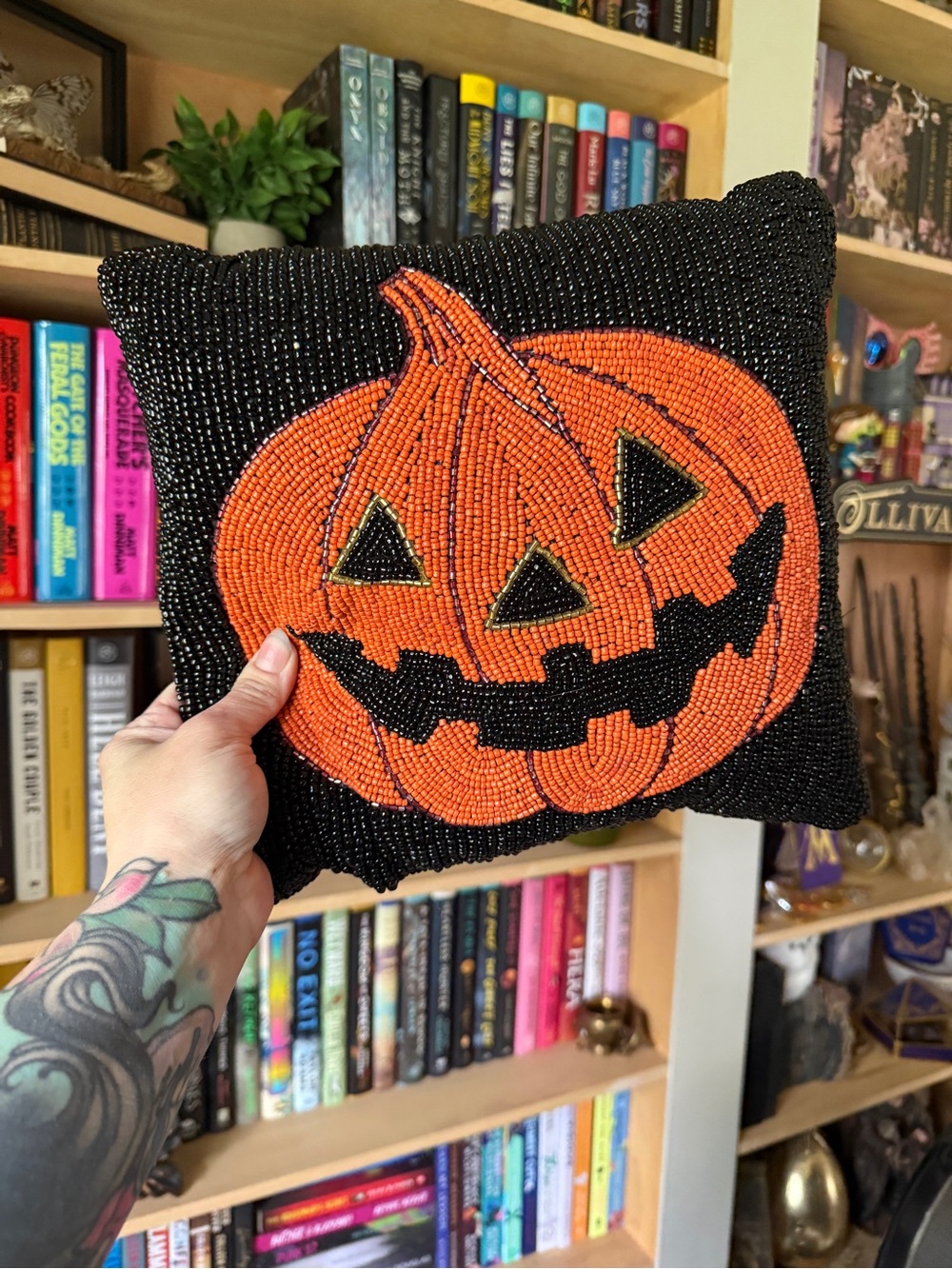 Hand-Beaded Orange Jack-O'-Lantern Pillow - Home Holiday